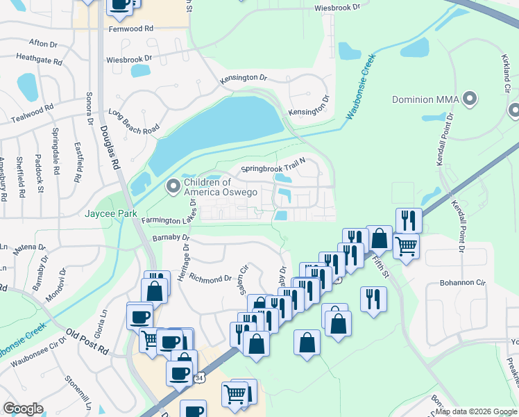 map of restaurants, bars, coffee shops, grocery stores, and more near 187 Springbrook Trail South in Oswego