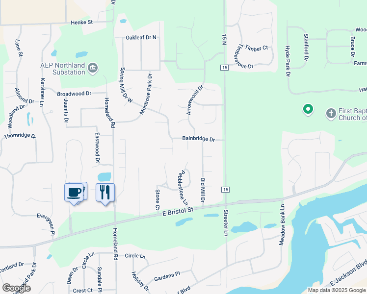 map of restaurants, bars, coffee shops, grocery stores, and more near 54075 Bannock Circle in Elkhart
