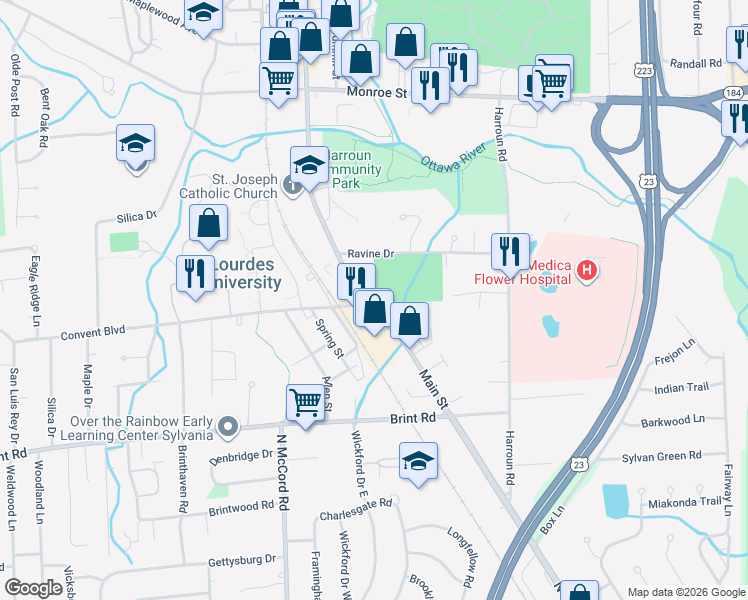 map of restaurants, bars, coffee shops, grocery stores, and more near 5200 Main St in Sylvania