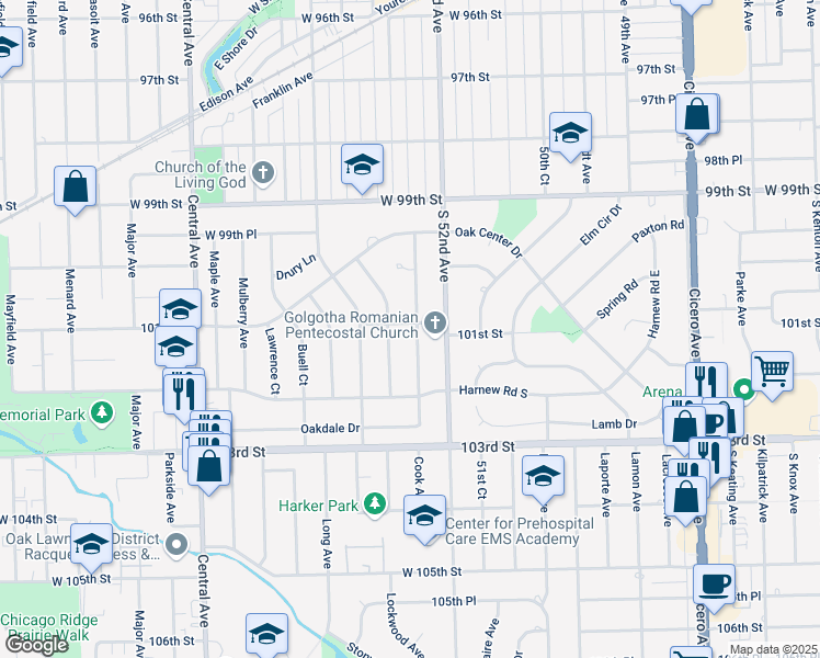 map of restaurants, bars, coffee shops, grocery stores, and more near 10100 Cook Avenue in Oak Lawn