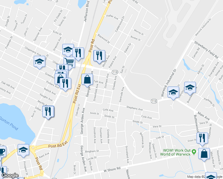 map of restaurants, bars, coffee shops, grocery stores, and more near 69 Greeley Avenue in Warwick