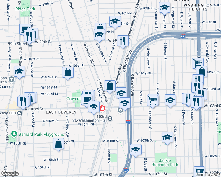 map of restaurants, bars, coffee shops, grocery stores, and more near 10194 South Winston Avenue in Chicago