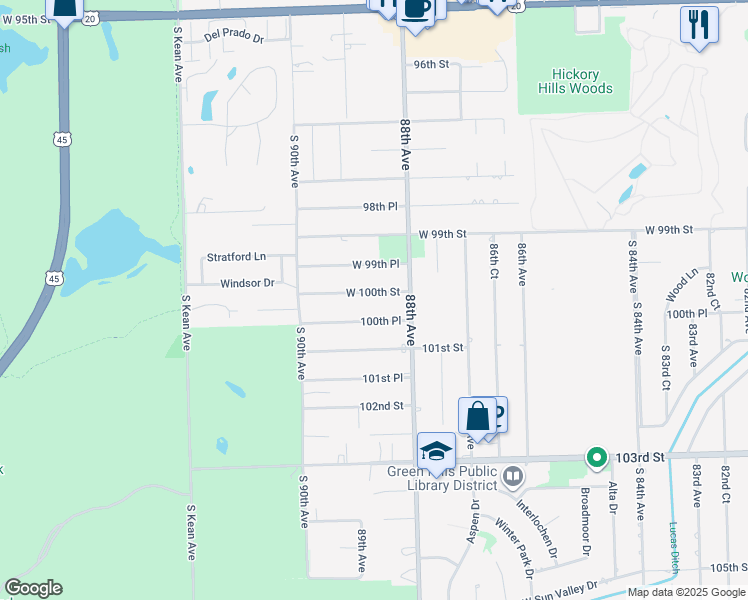 map of restaurants, bars, coffee shops, grocery stores, and more near 8831 West 100th Street in Palos Hills
