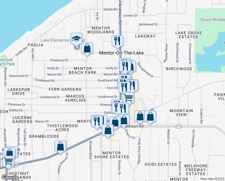 map of restaurants, bars, coffee shops, grocery stores, and more near 7756 Fern Drive in Mentor-on-the-Lake