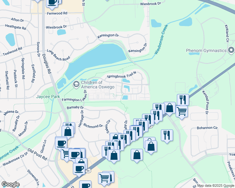 map of restaurants, bars, coffee shops, grocery stores, and more near 187 Springbrook Trail South in Oswego