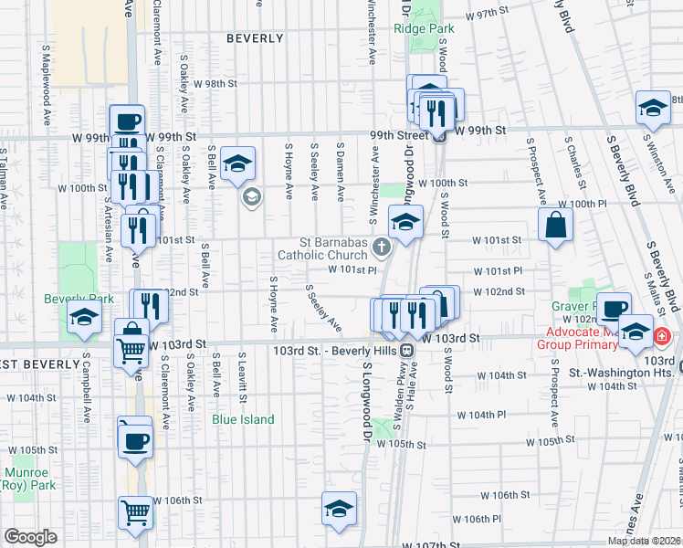 map of restaurants, bars, coffee shops, grocery stores, and more near 1955 West 101st Place in Chicago