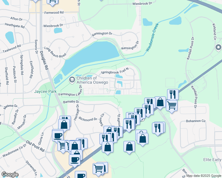 map of restaurants, bars, coffee shops, grocery stores, and more near 187 Springbrook Trail South in Oswego