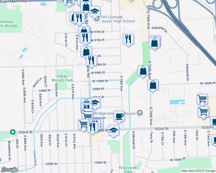 map of restaurants, bars, coffee shops, grocery stores, and more near 7854 West 100th Place in Palos Hills
