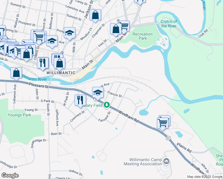 map of restaurants, bars, coffee shops, grocery stores, and more near 25 Godfrey Street in Windham