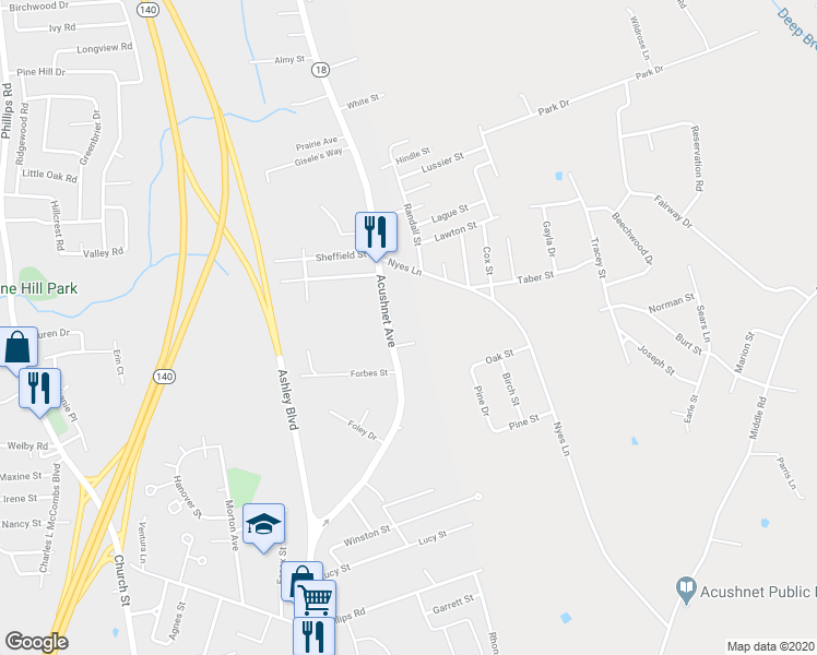 map of restaurants, bars, coffee shops, grocery stores, and more near 3304 Acushnet Ave in New Bedford