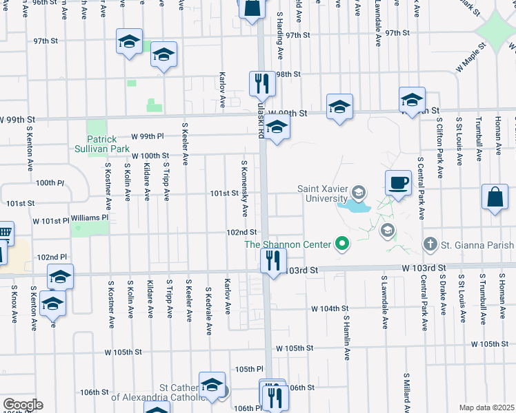 map of restaurants, bars, coffee shops, grocery stores, and more near 10114 South Pulaski Road in Oak Lawn