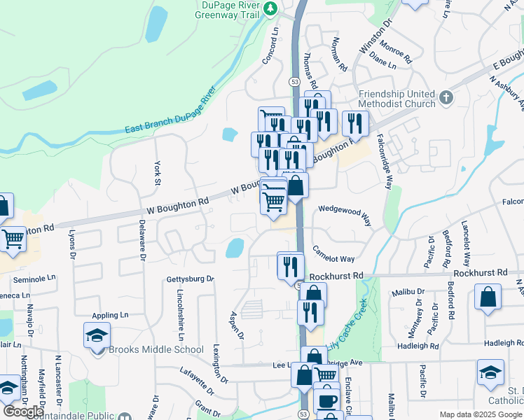 map of restaurants, bars, coffee shops, grocery stores, and more near 404 Lakeview Circle in Bolingbrook