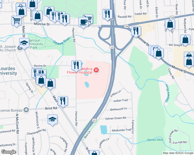 map of restaurants, bars, coffee shops, grocery stores, and more near 5200 Harroun Road in Sylvania