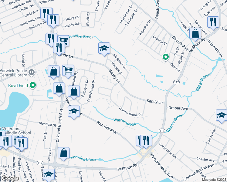 map of restaurants, bars, coffee shops, grocery stores, and more near 229 Warner Brook Drive in Warwick