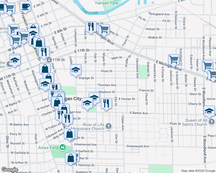 map of restaurants, bars, coffee shops, grocery stores, and more near 511 Thurman Avenue in Michigan City
