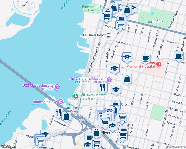 map of restaurants, bars, coffee shops, grocery stores, and more near 287 Danforth Street in Fall River