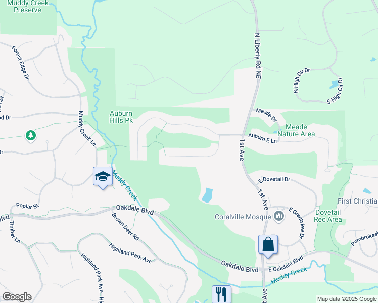 map of restaurants, bars, coffee shops, grocery stores, and more near 305 Knowling Drive in Coralville