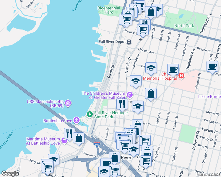 map of restaurants, bars, coffee shops, grocery stores, and more near 287G Danforth Street in Fall River