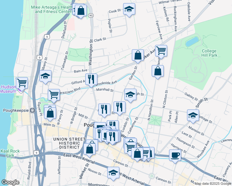 map of restaurants, bars, coffee shops, grocery stores, and more near 32 Balding Avenue in Poughkeepsie