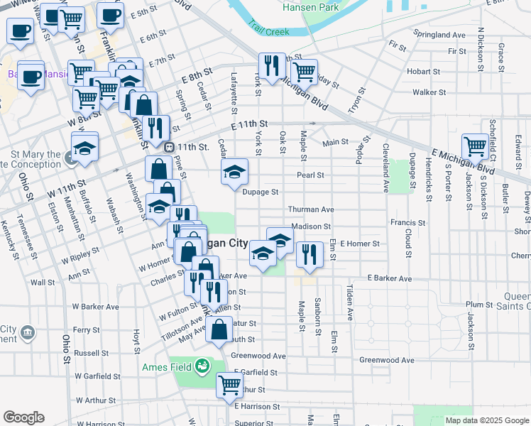 map of restaurants, bars, coffee shops, grocery stores, and more near 904 York Street in Michigan City