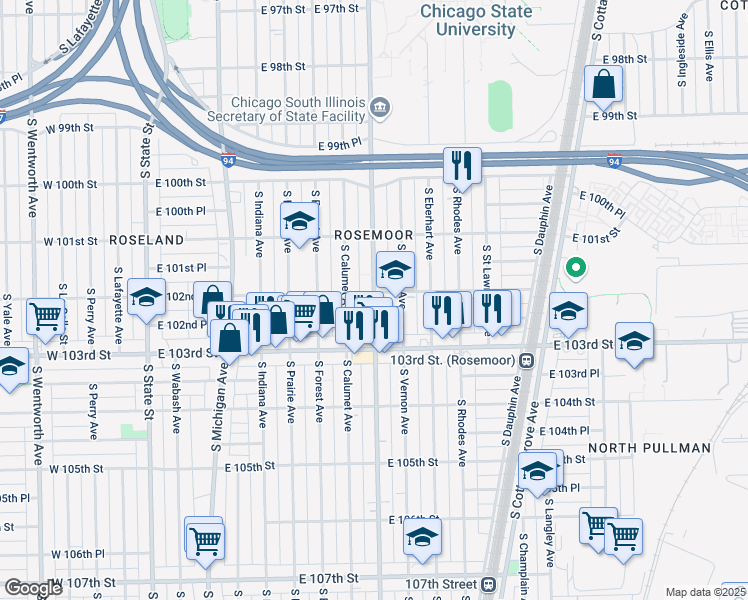 map of restaurants, bars, coffee shops, grocery stores, and more near 10205 South King Drive in Chicago