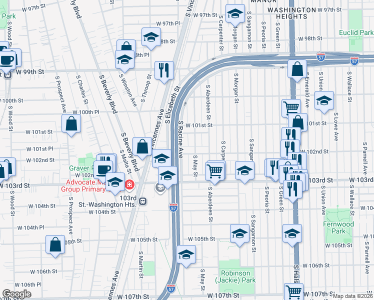 map of restaurants, bars, coffee shops, grocery stores, and more near 1156 West 102nd Street in Chicago