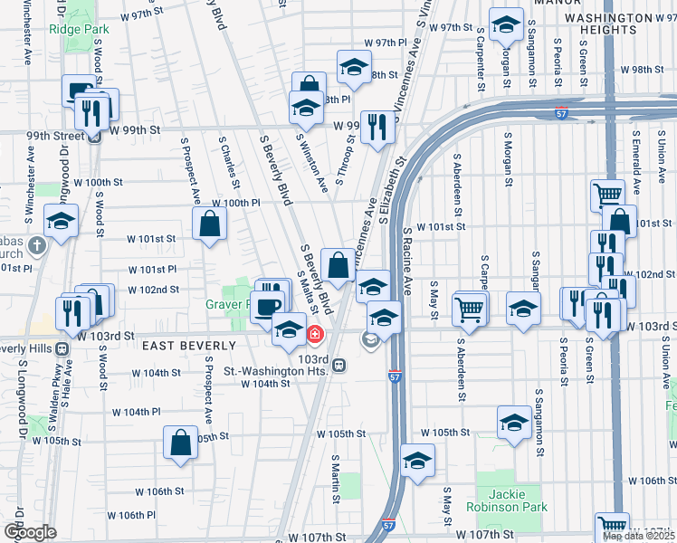 map of restaurants, bars, coffee shops, grocery stores, and more near 10194 South Winston Avenue in Chicago