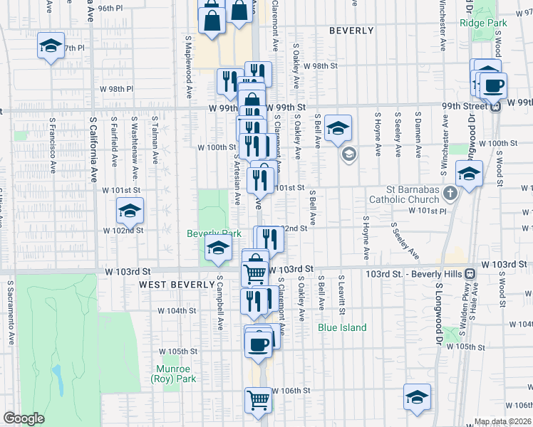 map of restaurants, bars, coffee shops, grocery stores, and more near 10137 South Western Avenue in Chicago