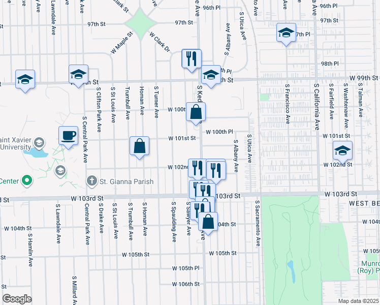 map of restaurants, bars, coffee shops, grocery stores, and more near 10124 South Kedzie Avenue in Evergreen Park