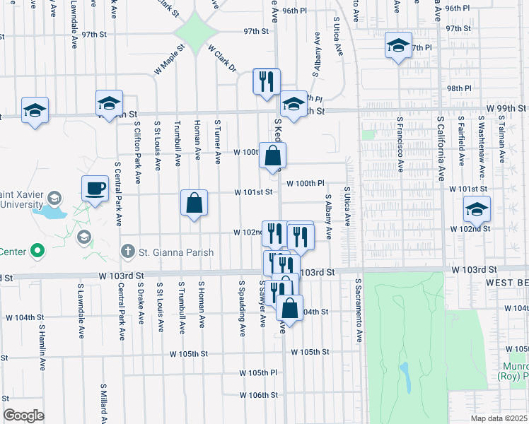 map of restaurants, bars, coffee shops, grocery stores, and more near 10124 South Kedzie Avenue in Evergreen Park