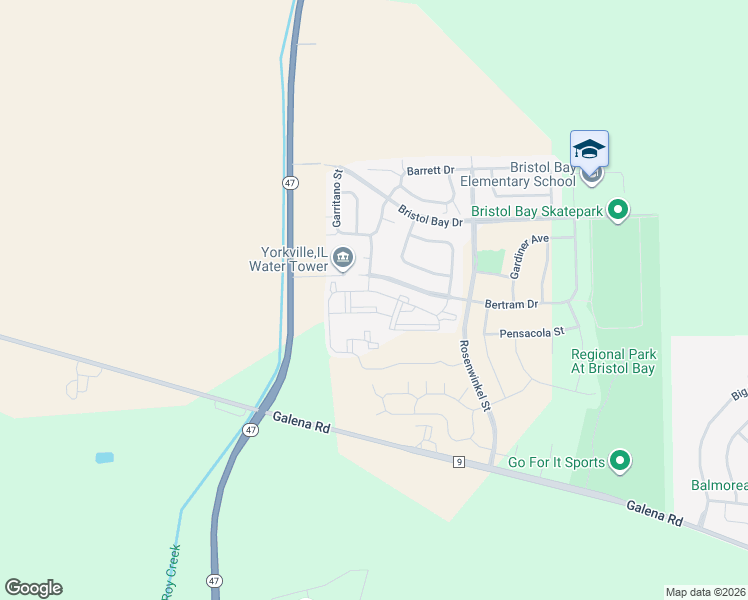 map of restaurants, bars, coffee shops, grocery stores, and more near 138 Bertram Drive in Yorkville