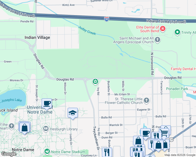 map of restaurants, bars, coffee shops, grocery stores, and more near 54001 Ivy Road in South Bend