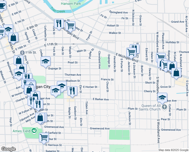 map of restaurants, bars, coffee shops, grocery stores, and more near 715 Thurman Ave in Michigan City