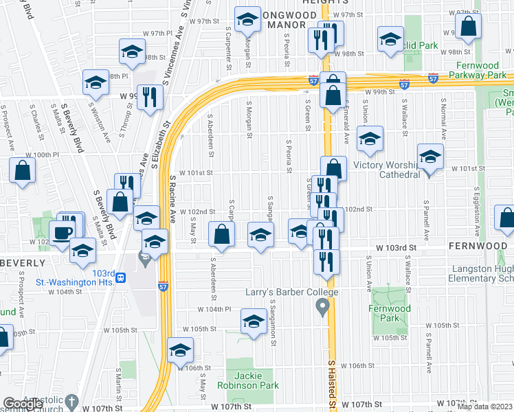 map of restaurants, bars, coffee shops, grocery stores, and more near 10153 South Morgan Street in Chicago