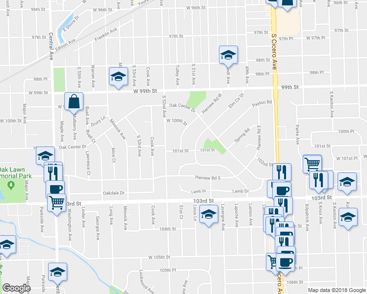 map of restaurants, bars, coffee shops, grocery stores, and more near 5112 West 101st Street in Oak Lawn