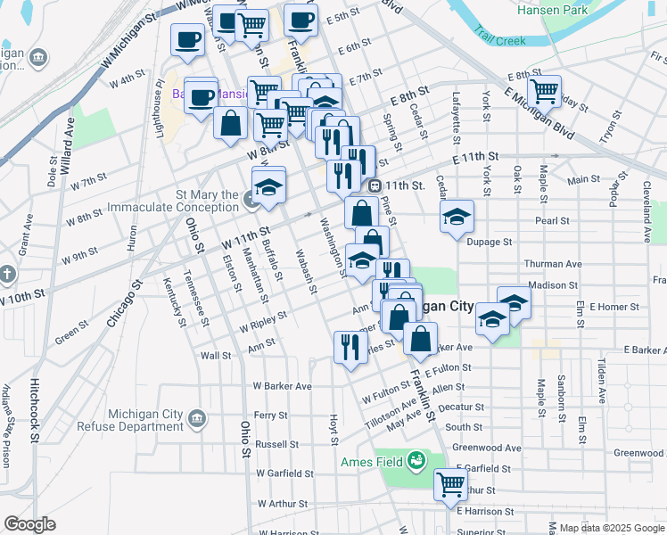 map of restaurants, bars, coffee shops, grocery stores, and more near 1315 Washington Street in Michigan City