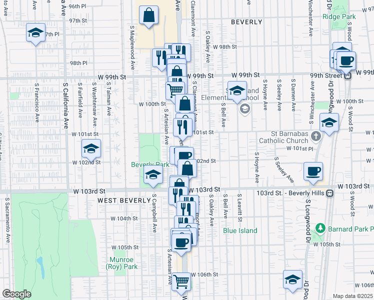 map of restaurants, bars, coffee shops, grocery stores, and more near 10137 South Western Avenue in Chicago