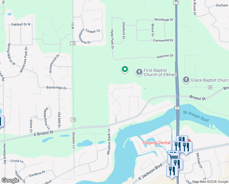 map of restaurants, bars, coffee shops, grocery stores, and more near 54062 Stonebridge Drive in Elkhart