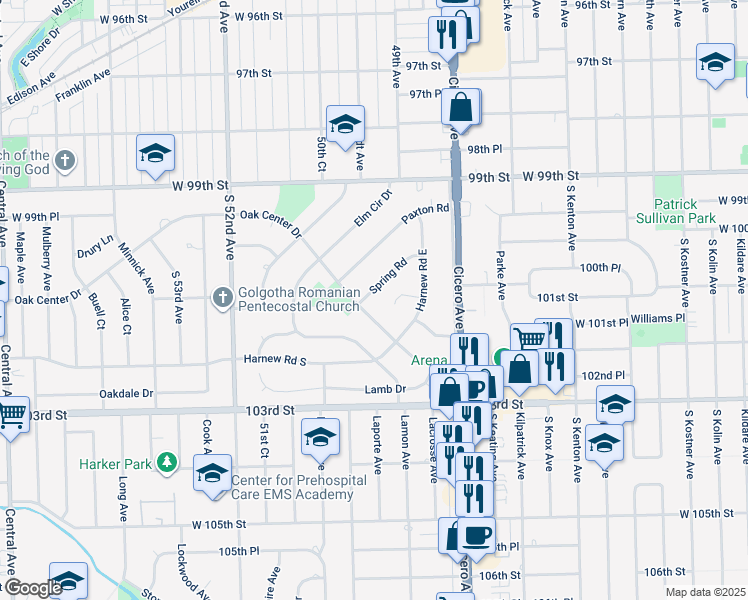 map of restaurants, bars, coffee shops, grocery stores, and more near 4955 Spring Road in Oak Lawn