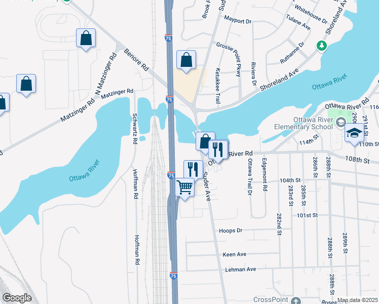 map of restaurants, bars, coffee shops, grocery stores, and more near 4909 Suder Avenue in Toledo