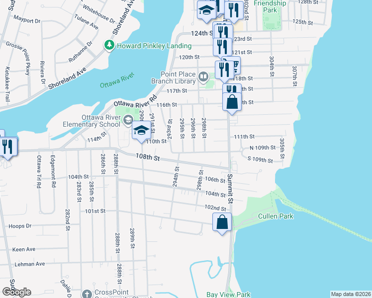 map of restaurants, bars, coffee shops, grocery stores, and more near 2631 109th Street in Toledo