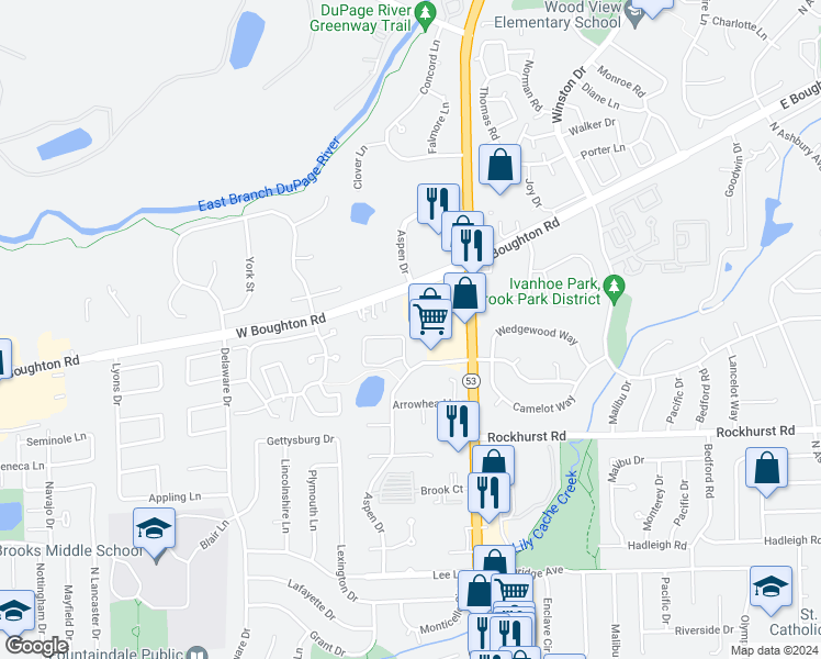 map of restaurants, bars, coffee shops, grocery stores, and more near 404 Lakeview Circle in Bolingbrook