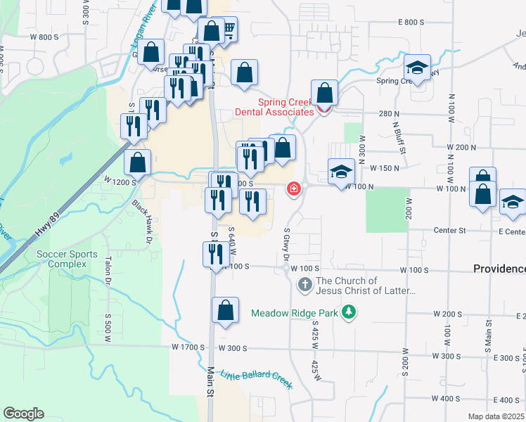 map of restaurants, bars, coffee shops, grocery stores, and more near 50 Utah 165 in Providence