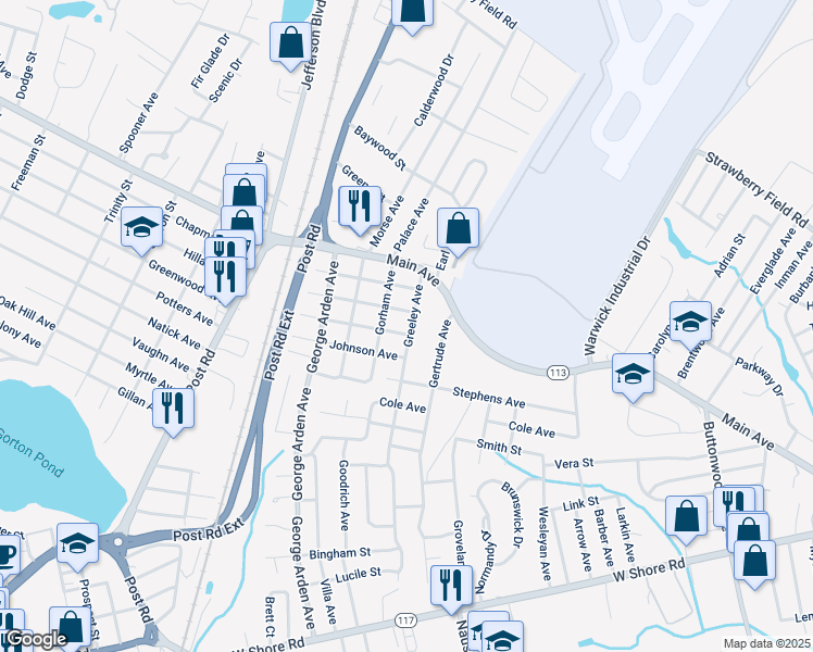 map of restaurants, bars, coffee shops, grocery stores, and more near 63 Greeley Avenue in Warwick