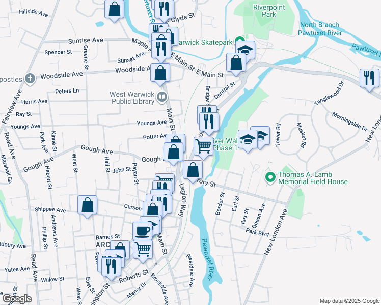 map of restaurants, bars, coffee shops, grocery stores, and more near 26 Providence Street in West Warwick