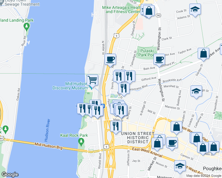map of restaurants, bars, coffee shops, grocery stores, and more near 109 Mill Street in Poughkeepsie