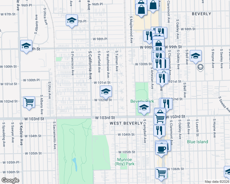 map of restaurants, bars, coffee shops, grocery stores, and more near 10132 South Talman Avenue in Chicago