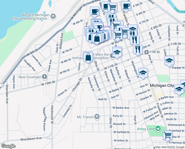 map of restaurants, bars, coffee shops, grocery stores, and more near 802 West 11th Street in Michigan City