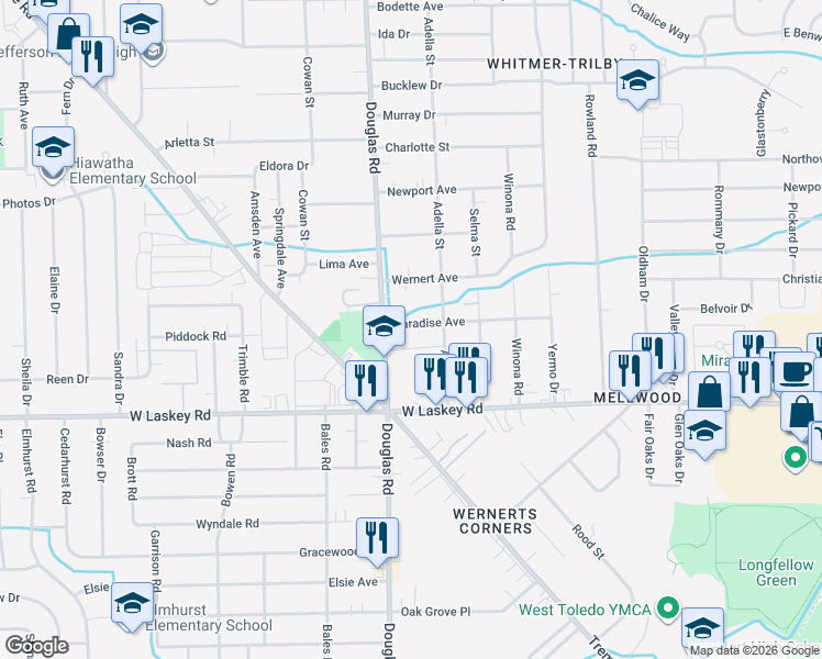 map of restaurants, bars, coffee shops, grocery stores, and more near 2433 Paradise Avenue in Toledo