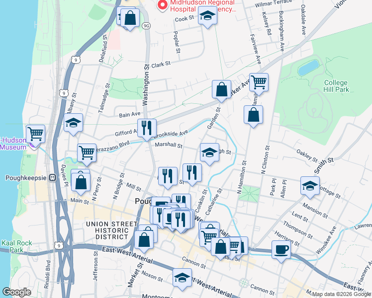 map of restaurants, bars, coffee shops, grocery stores, and more near 32 Balding Avenue in Poughkeepsie